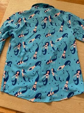 JAMMY JOB  Beach Vacation Mermaid Print Button-Up SHIRT Teal & Navy Large